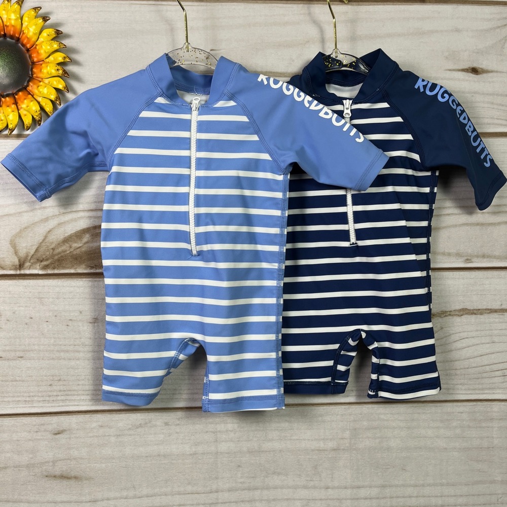RuggedButts‎ 3-6M set 2 Baby Striped Rash Guard Swimsuit Zip Up Sunsuit Swimsuit